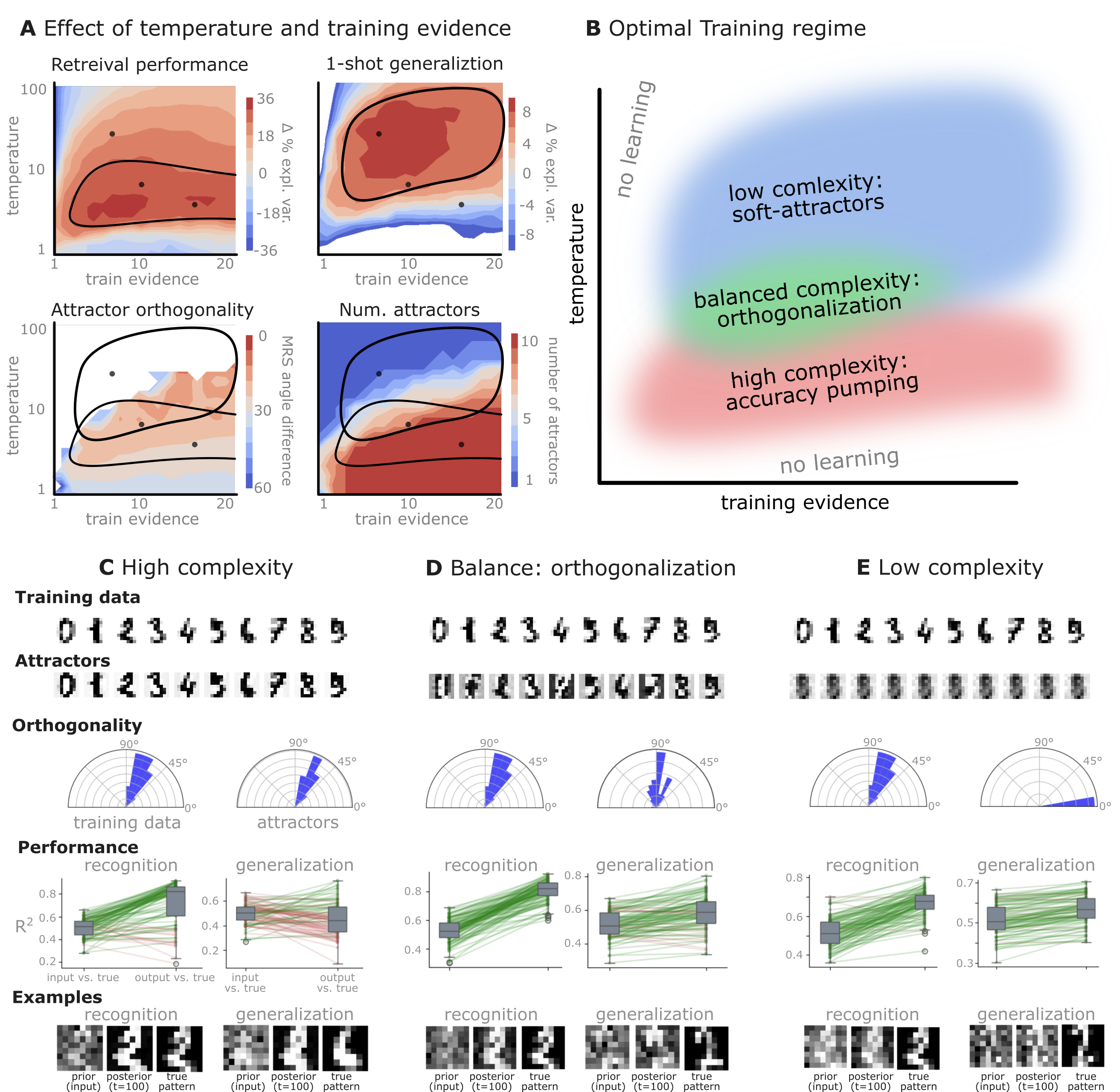 Adaptive self-organization and generalization in a free-energy minimizing attractor network.
Simulation results from training the network on a single, handwritten example for each of the 10 digits (0-9), with variations in training precision and evidence strength to explore different learning regimes ().
A: Performance landscapes as a function of inference temperature (inverse precision) and training evidence strength (bias magnitude). Retrieval performance (reconstructing noisy variants of the 10 training patterns, top left), one-shot generalization (reconstructing a noisy variants of unseen handwritten digits, top right), attractor orthogonality (mean squared angular difference from 90° indicating higher orthogonality for lower values, bottom left), and the number of attractors (when initialized with the 10 training patterns, bottom right) are shown. Optimal regions (contoured) highlight parameter settings that yield good generalization and highly orthogonal attractors. Contours in the top left and top right highlight the most efficient parameter settings for retrieval and generalization, respectively. Both contours are overlaid on the two bottom plots.
B: Conceptual illustration of training regimes. With low temperature (high precision) high model complexity is allowed (“accuracy pumping”) and attractors will tend to exactly match the training data. On the contrary, high temperatures (low precision) result in a single fixed point attractor and reduced recognition performance. However, such networks will be able to generalize to new data, suggesting the existance of “soft attractors” (e.g. saddle-like structures) that are not local minima on the free energy landscape, yet affect the steady-state posterior distribution in a non-negligible way (especially with longer mixing-times). A balanced regime can be found with intermediate precision during training, where both recognition and generalization performance are high. This is exactly the regime that promotes attractor orthogonalization, crucial for efficient representation and generalization. The complexity restrictions on these models cause them to re-use the same attractors to represent different patterns (see e.g. the single attractor belonging to the digits 5 and 7 in the example on panel D), which eventually leads to approximate orthogonality. Panels C-E provide examples of network behavior on a handwritten digit task across different regimes, including (i) training data (same in all cases); (ii) fixed-point attractors (obtained with deterministic update); (iii) attractor-orthogonality (polar histogram of the pairwise angles between attractors); (iv) retrieval and 1-shot generalization performance (R^2 between the noisy input pattern and the network output after 100 time steps, for 100 randomly sampled patterns) and (v) illustrative example cases from the recognition and 1-shot generalization tests (noisy input, network output and true pattern).
C: High complexity: Attractors are sharp and similar to training data; good recognition, limited generalization.
D: Balanced complexity (orthogonalization): Attractors are distinct and quasi-orthogonal, enabling strong recognition and generalization from noisy inputs. The balanced regime clearly demonstrates the network’s ability to form an orthogonal basis, facilitating effective generalization as predicted by the free-energy minimization framework.
E: Low complexity: There is only a single fixed-point attractor. Recognition performance is lower, but generalization remains considerable.